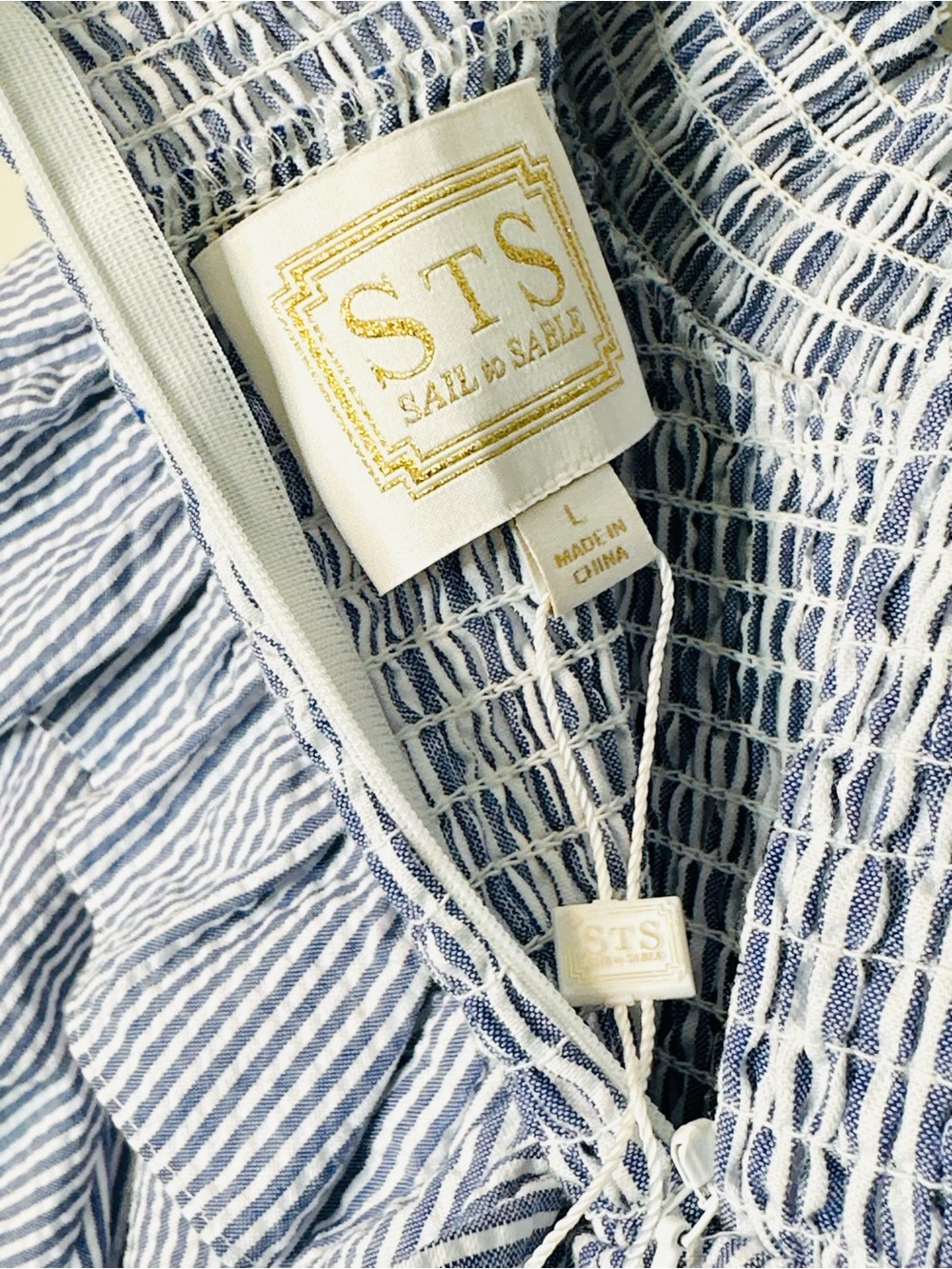 Sail To Sable Blue White Seersucker Smocked Ruffle Neck Blouse Shirt Top - Picture 7 of 9